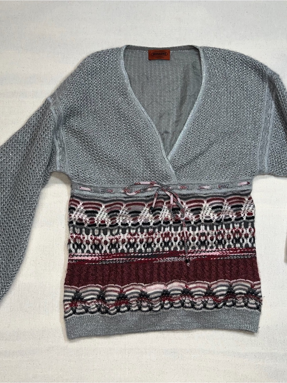 Missoni Gray V-Neck Sweater Tie 90’s Bell Sleeve Made in Italy Faux Wrap